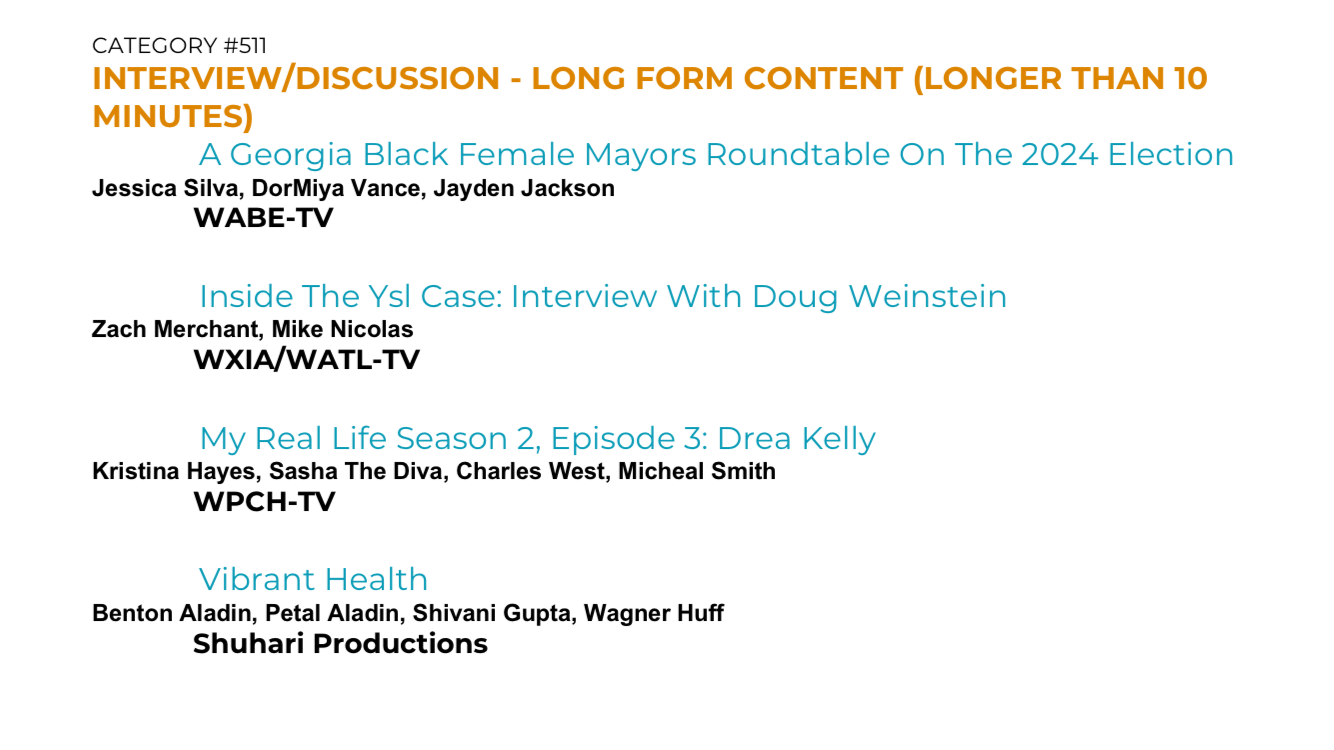 Official nomination listing naming Charles West for My Real Life Season 2, Episode 3: Drea Kelly in the Interview/Discussion long-form category